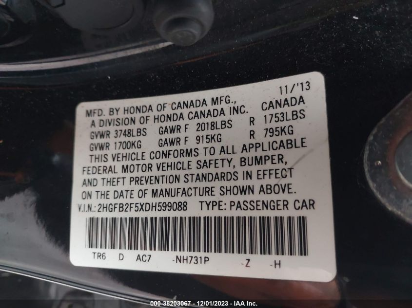 2013 HONDA CIVIC LX - 2HGFB2F5XDH599088
