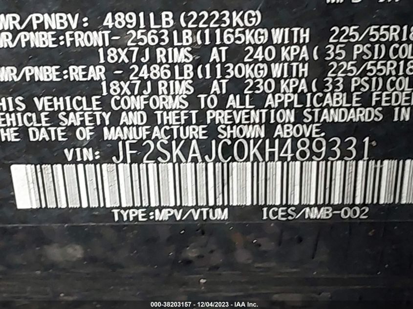 2019 SUBARU FORESTER SPORT - JF2SKAJC0KH489331