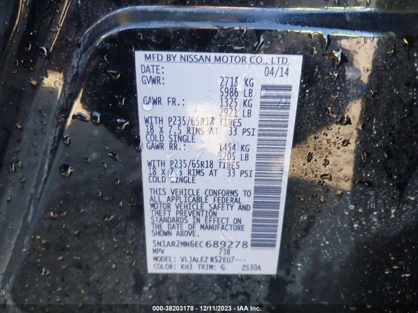 2014 NISSAN PATHFINDER PLATINUM/S/SL/SV - 5N1AR2MN6EC689278