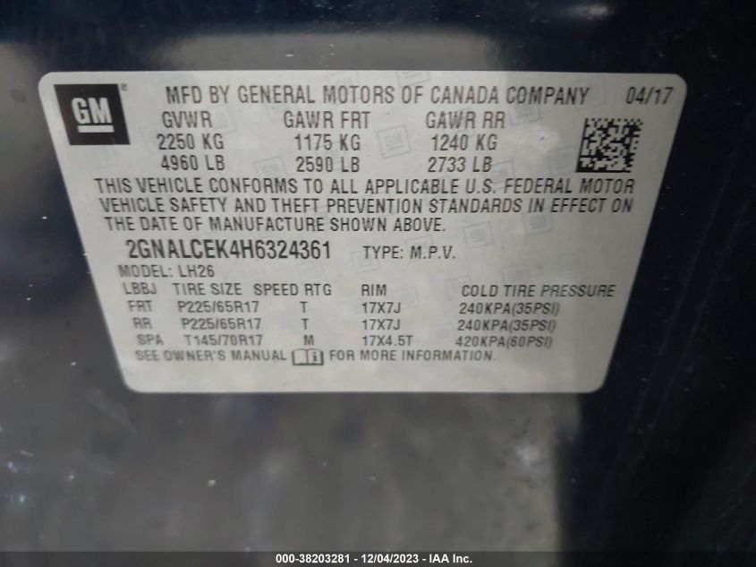 2017 CHEVROLET EQUINOX LT - 2GNALCEK4H6324361