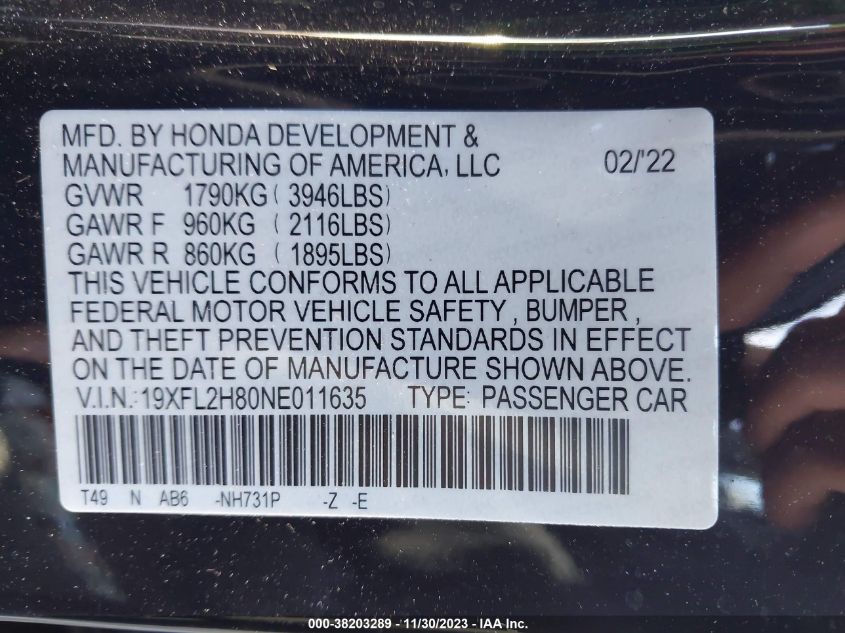 2022 HONDA CIVIC SPORT - 19XFL2H80NE011635