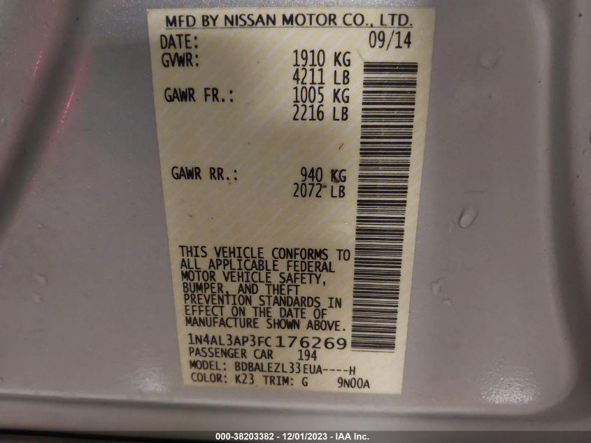 2015 NISSAN ALTIMA 2.5 S - 1N4AL3AP3FC176269