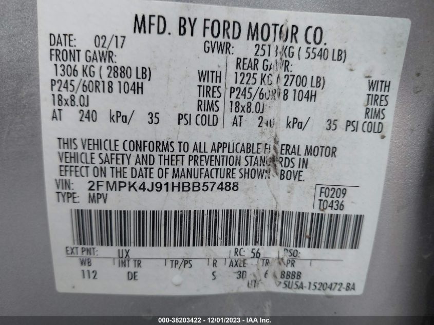 2FMPK4J91HBB57488 2017 FORD EDGE, photo no. 9