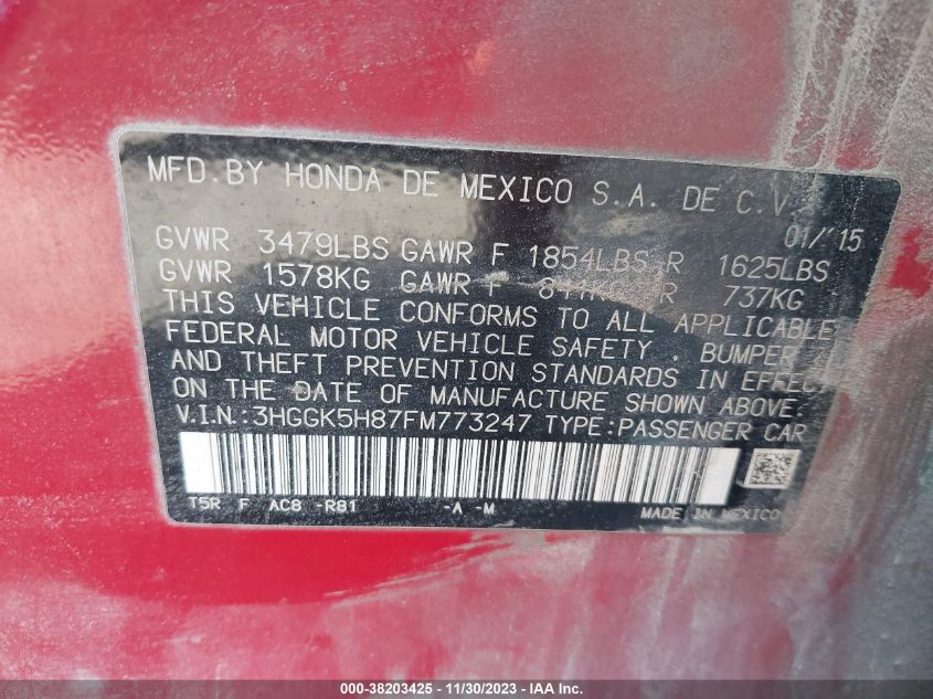 2015 HONDA FIT EX/EXL - 3HGGK5H87FM773247