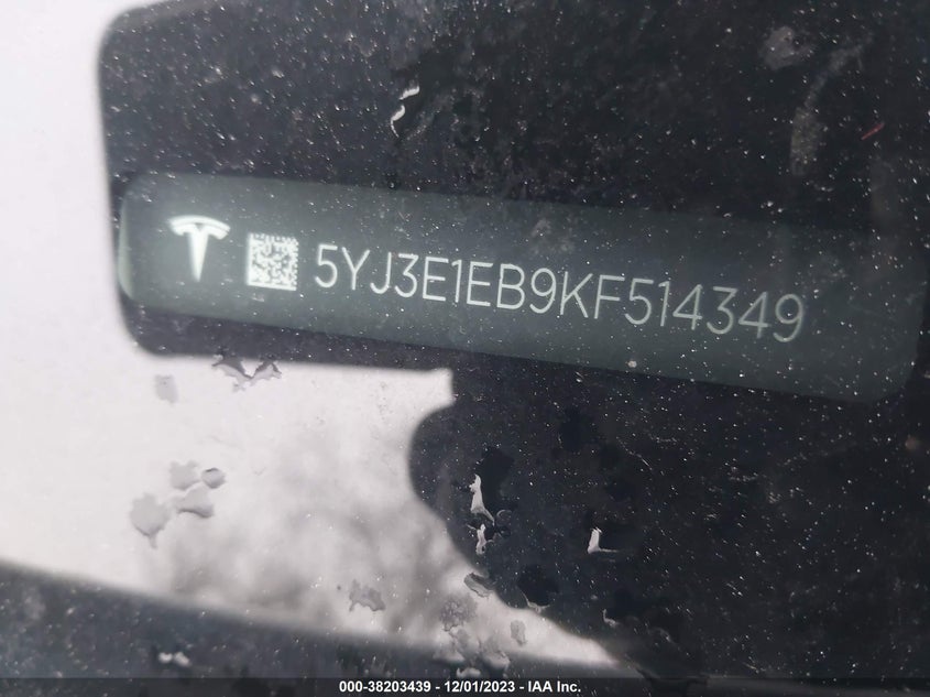 VIN 5YJ3E1EB9KF514349 2019 TESLA MODEL 3