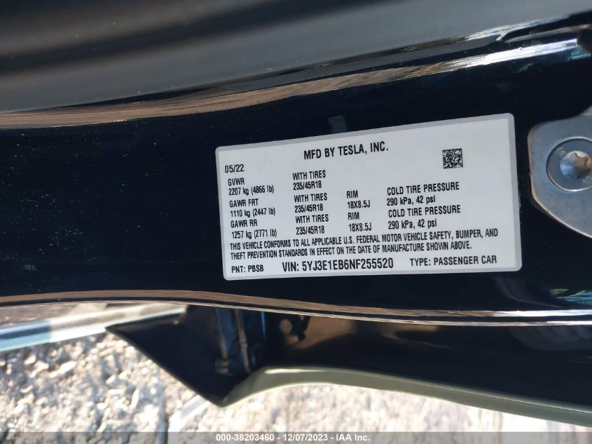 2022 TESLA MODEL 3 LONG RANGE DUAL MOTOR - 5YJ3E1EB6NF255520