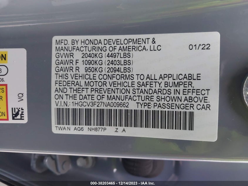VIN 1HGCV3F27NA009662 2022 HONDA ACCORD HYBRID SPORT