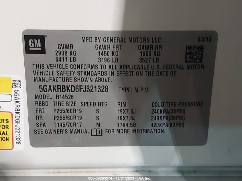 2015 BUICK ENCLAVE LEATHER - 5GAKRBKD6FJ321328