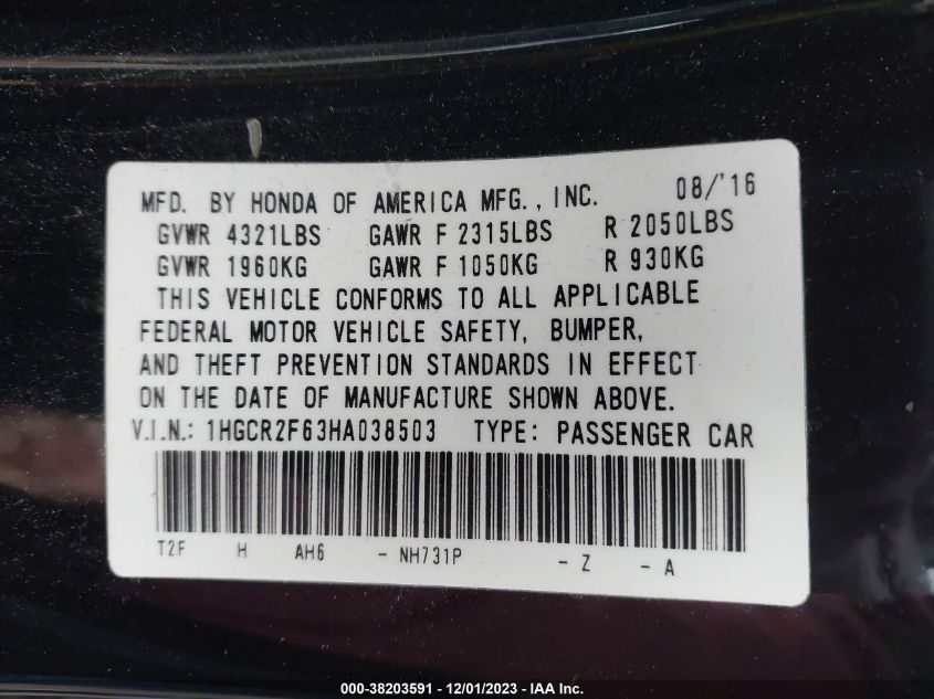 2017 HONDA ACCORD SPORT - 1HGCR2F63HA038503