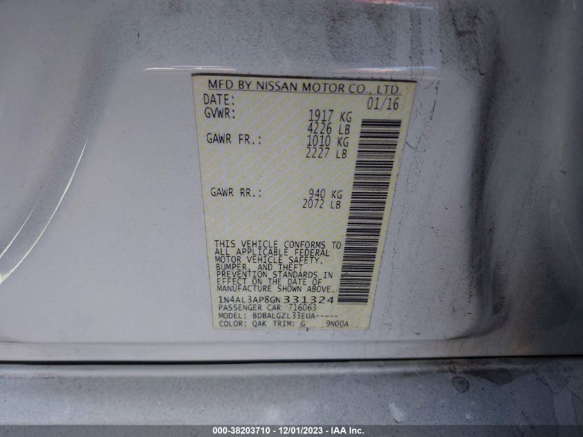 2016 NISSAN ALTIMA 2.5/S/SV/SL/SR - 1N4AL3AP8GN331324
