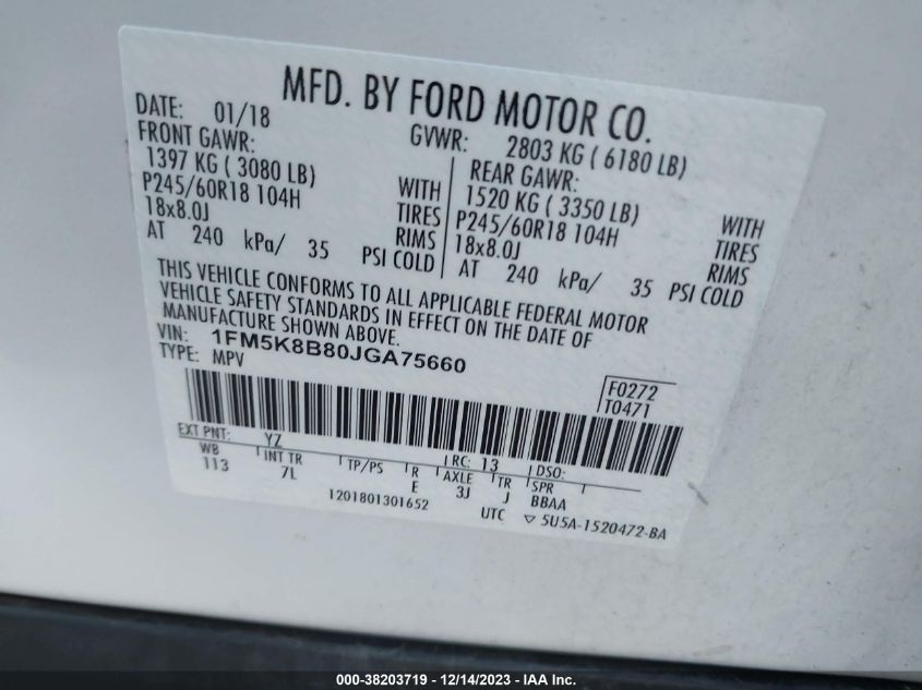 2018 FORD EXPLORER - 1FM5K8B80JGA75660