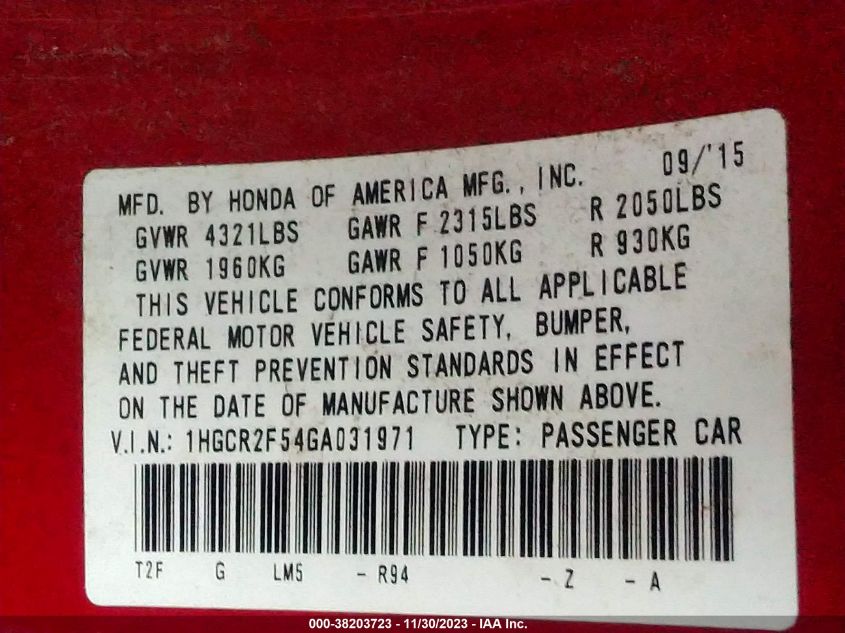 2016 HONDA ACCORD - 18GCR2F54GA031971