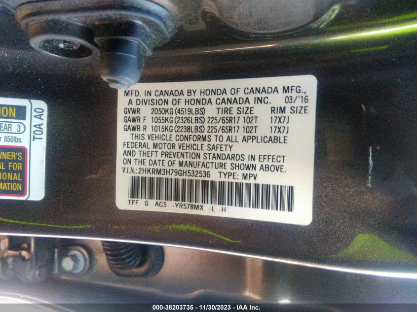 2016 HONDA CR-V EXL - 2HKRM3H79GH532536