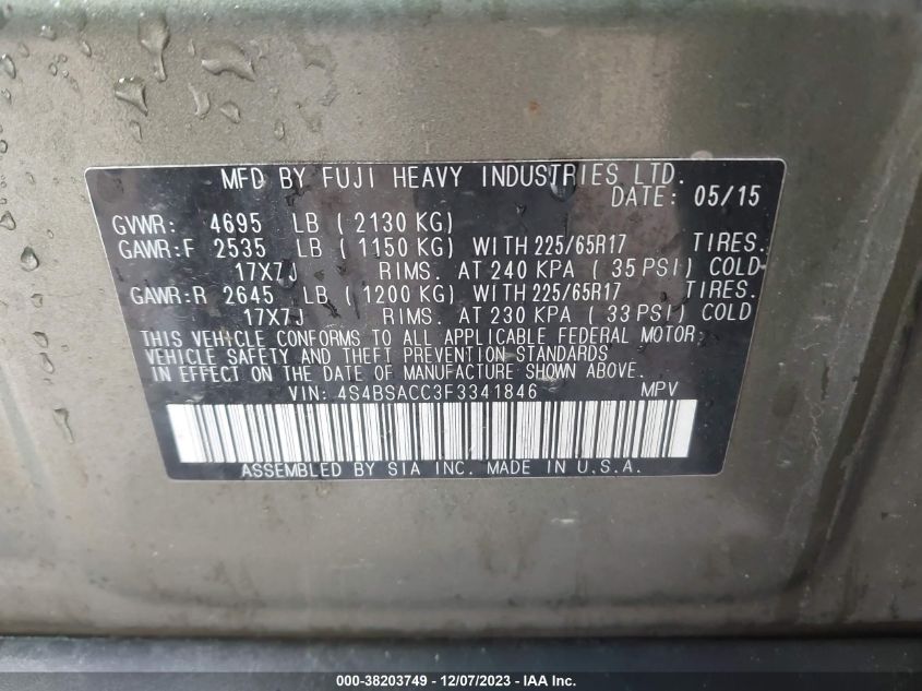 2015 SUBARU OUTBACK 2.5I PREMIUM - 4S4BSACC3F3341846