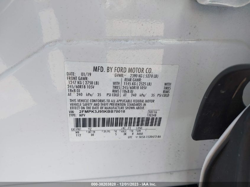 2019 FORD EDGE SEL - 2FMPK3J95KBB70018