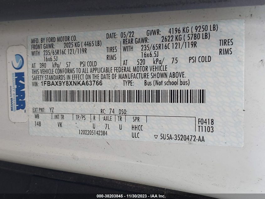 2022 FORD TRANSIT-350 PASSENGER VAN XL - 1FBAX9Y8XNKA63766