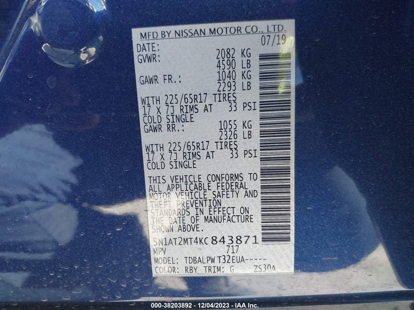 VIN 5N1AT2MT4KC843871 2019 NISSAN ROGUE S
