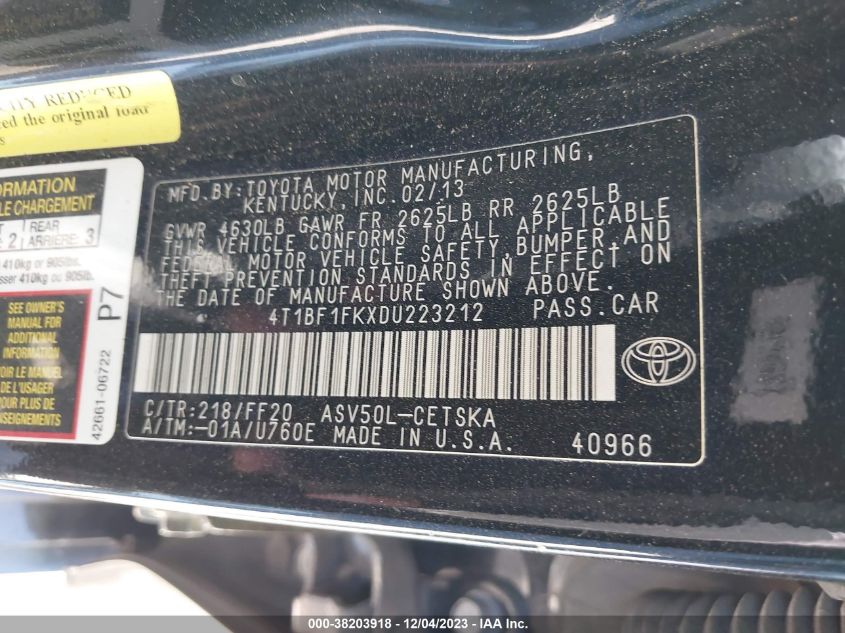 2013 TOYOTA CAMRY L/SE/LE/XLE - 4T1BF1FKXDU223212