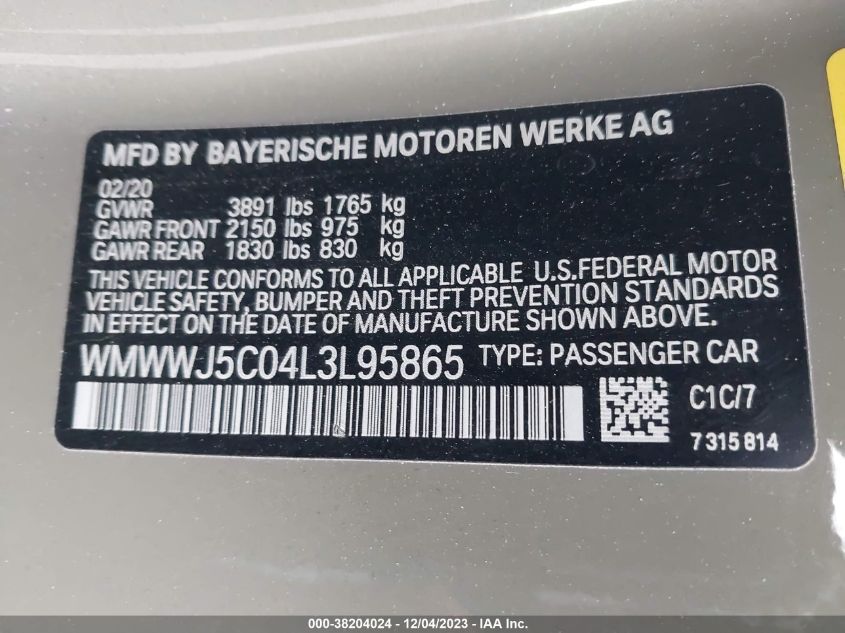 2020 MINI CONVERTIBLE COOPER S WMWWJ5C04L3L95865