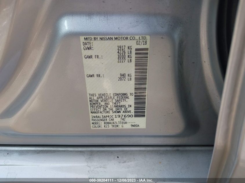 2018 NISSAN ALTIMA 2.5/S/SV/SL/SR - 1N4AL3AP4JC197690