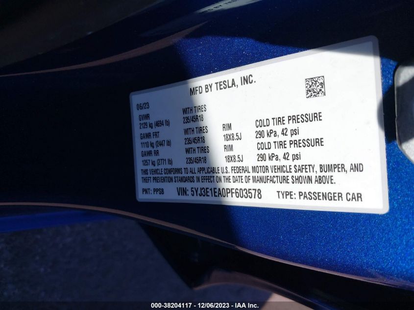 2023 TESLA MODEL 3 - 5YJ3E1EA0PF603578