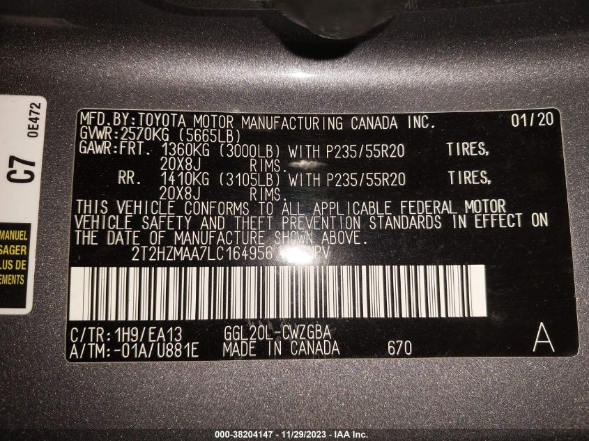 2020 LEXUS RX RX 350 - 2T2HZMAA7LC164956