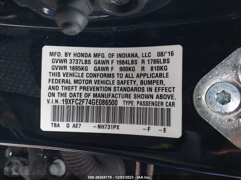 2016 HONDA CIVIC EX 19XFC2F74GE086500