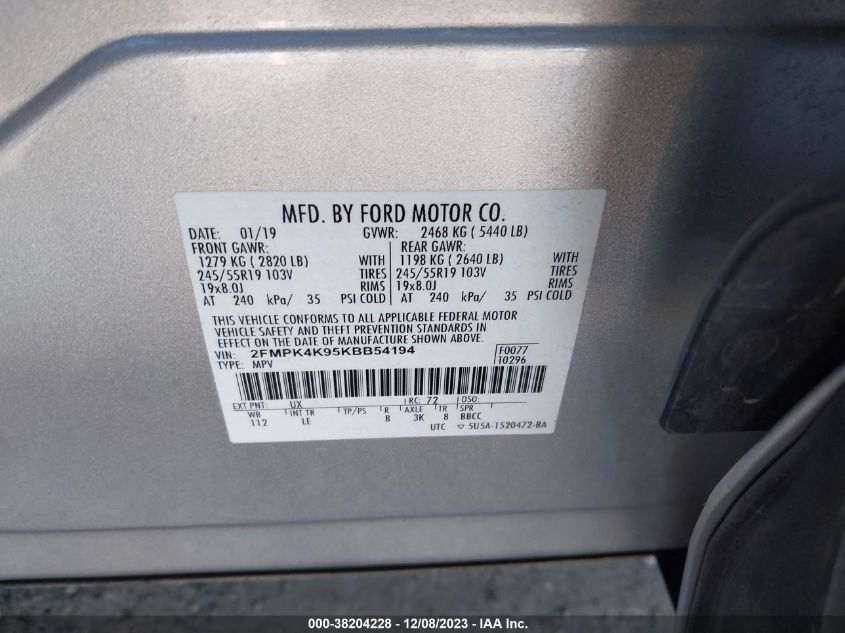 2019 FORD EDGE TITANIUM - 2FMPK4K95KBB54194