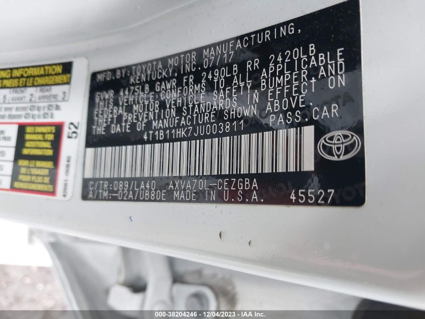 2018 TOYOTA CAMRY L/LE/XLE/SE/XSE - 4T1B11HK7JU003811