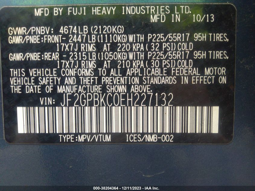 2014 SUBARU XV CROSSTREK HYBRID 2.0I HYBRID TOURING - JF2GPBKC0EH227132