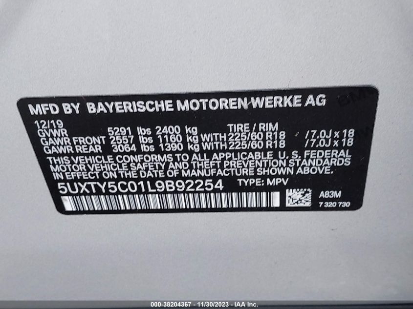 5UXTY5C01L9B92254 2020 BMW X3, photo no. 9