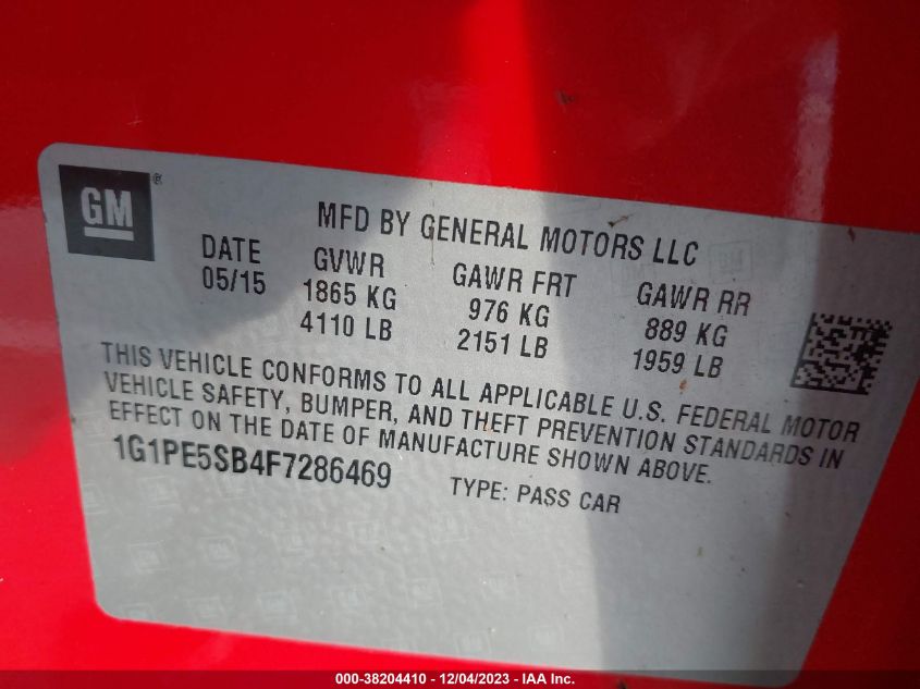 2015 CHEVROLET CRUZE LT - 1G1PE5SB4F7286469
