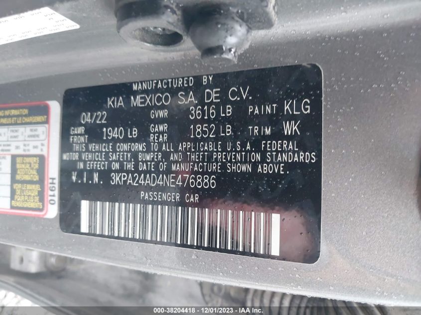 2022 KIA RIO S - 3KPA24AD4NE476886
