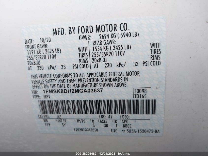 2021 FORD EXPLORER XLT - 1FMSK8DH2MGA03637