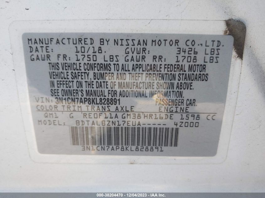 2019 NISSAN VERSA S/S PLUS/SV - 3N1CN7AP8KL828891