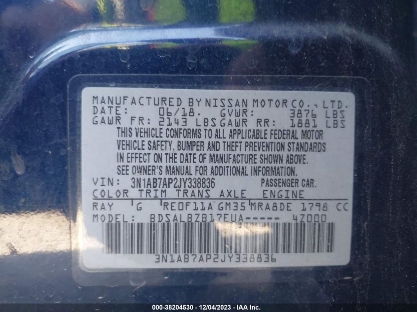 2018 NISSAN SENTRA S/SV/SR/SL - 3N1AB7AP2JY338836