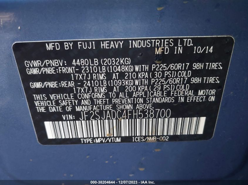 2015 SUBARU FORESTER 2.5I PREMIUM - JF2SJADC4FH538700
