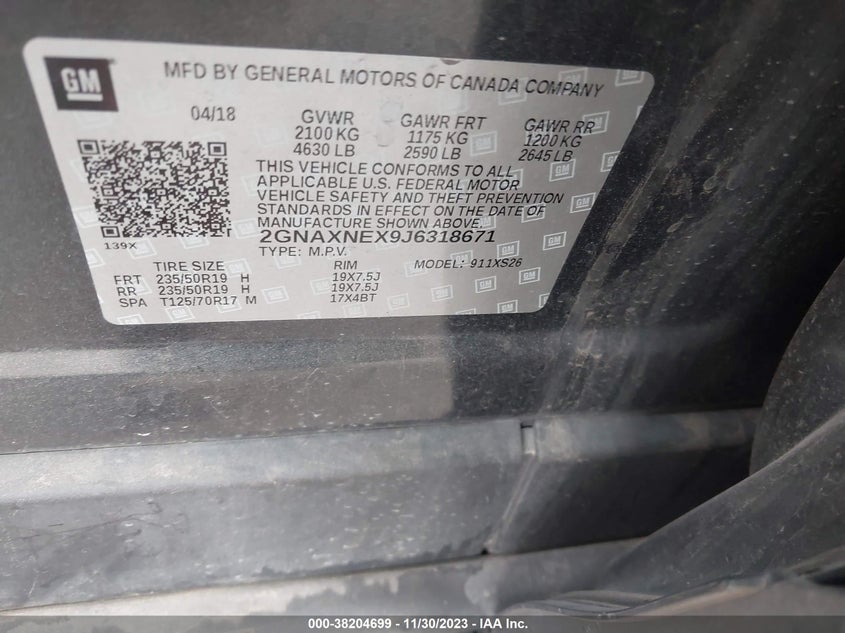 VIN 2GNAXNEX9J6318671 2018 CHEVROLET EQUINOX PREMIER