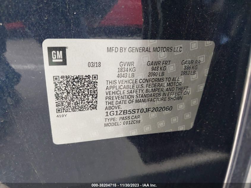 VIN 1G1ZB5ST0JF202060 2018 CHEVROLET MALIBU 1LS