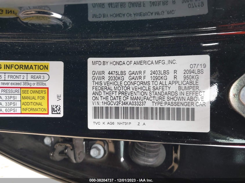 VIN 1HGCV2F34KA033237 2019 HONDA ACCORD SPORT 2.0T