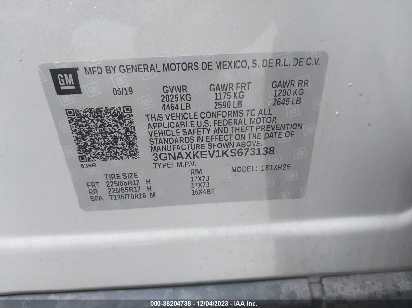 2019 CHEVROLET EQUINOX LT - 3GNAXKEV1KS673138
