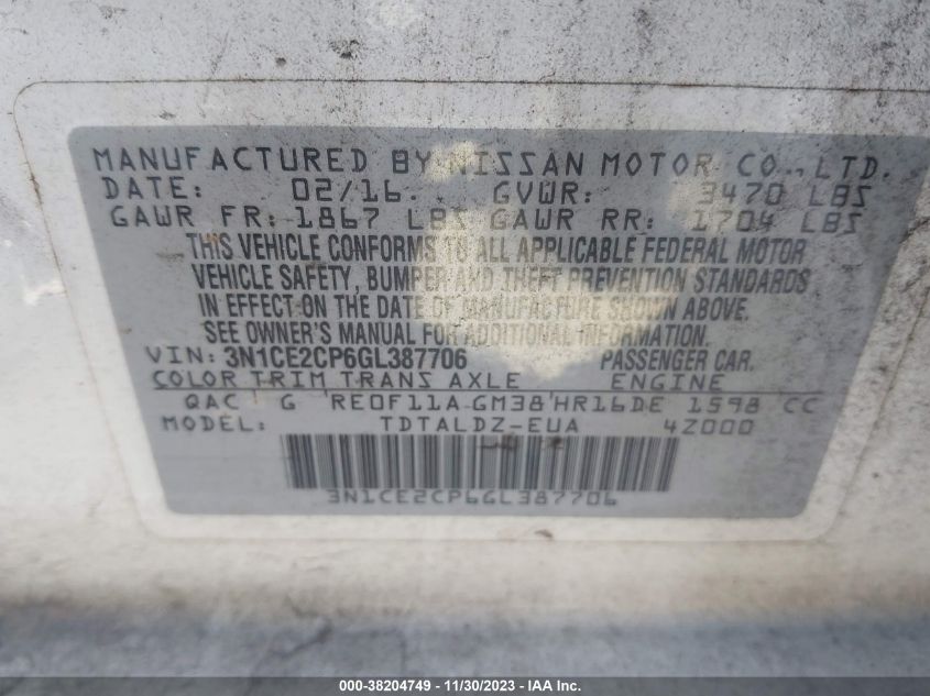 2016 NISSAN VERSA NOTE S/S PLUS/SV/SL/SR - 3N1CE2CP6GL387706