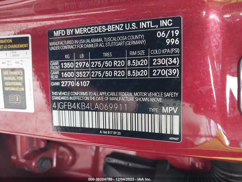 VIN 4JGFB4KB4LA069911 2020 MERCEDES-BENZ GLE 350 4MATIC