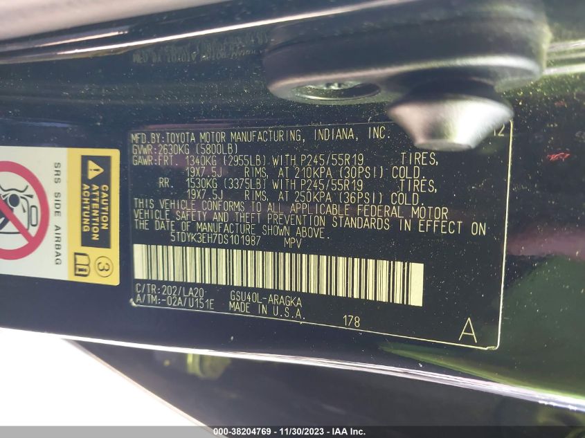 2013 TOYOTA HIGHLANDER LIMITED V6 - 5TDYK3EH7DS101987