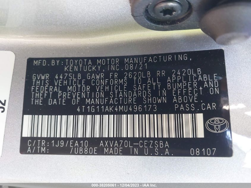 2021 TOYOTA CAMRY SE/SE NIGHT SHADE - 4T1G11AK4MU496173