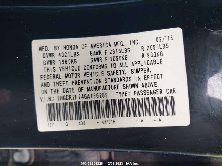 2016 HONDA ACCORD EX - 1HGCR2F74GA156289