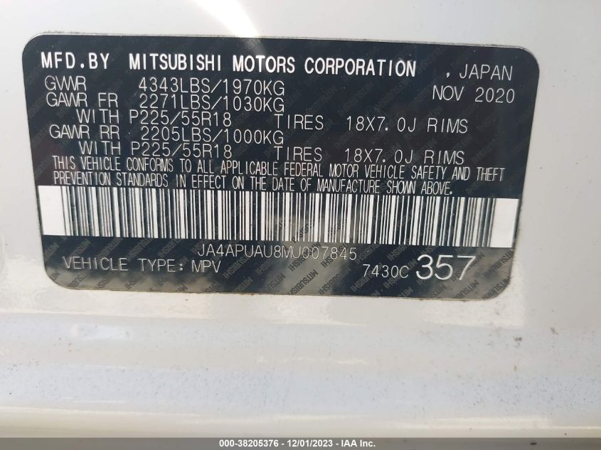 2021 MITSUBISHI OUTLANDER SPORT ES/LE/BE - JA4APUAU8MU007845