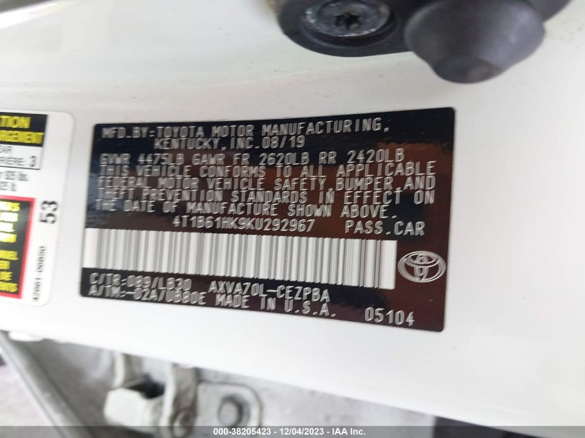 2019 TOYOTA CAMRY XSE - 4T1B61HK9KU292967