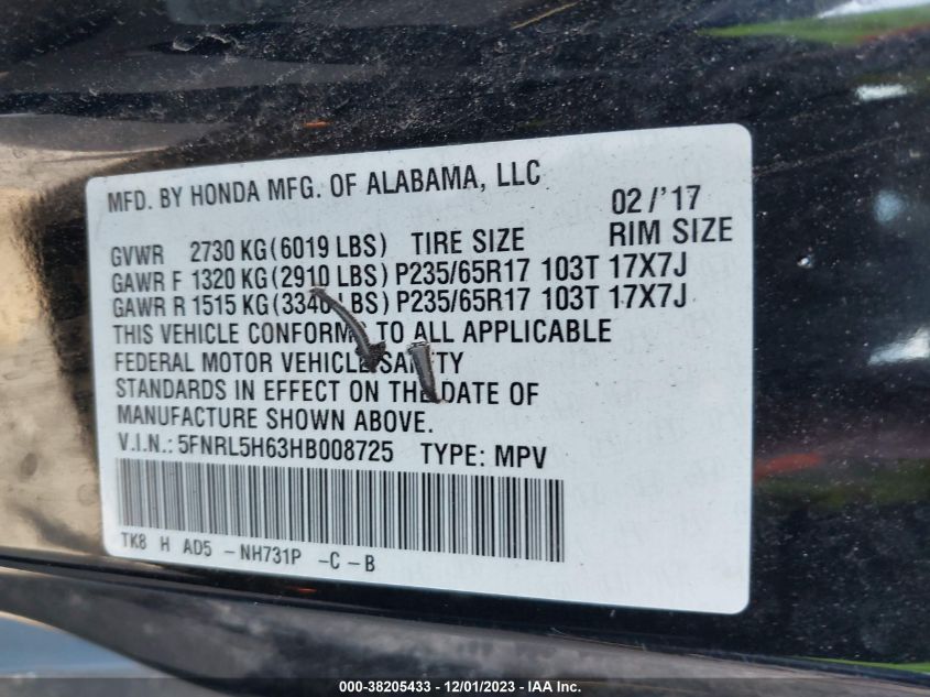 2017 HONDA ODYSSEY EXL - 5FNRL5H63HB008725