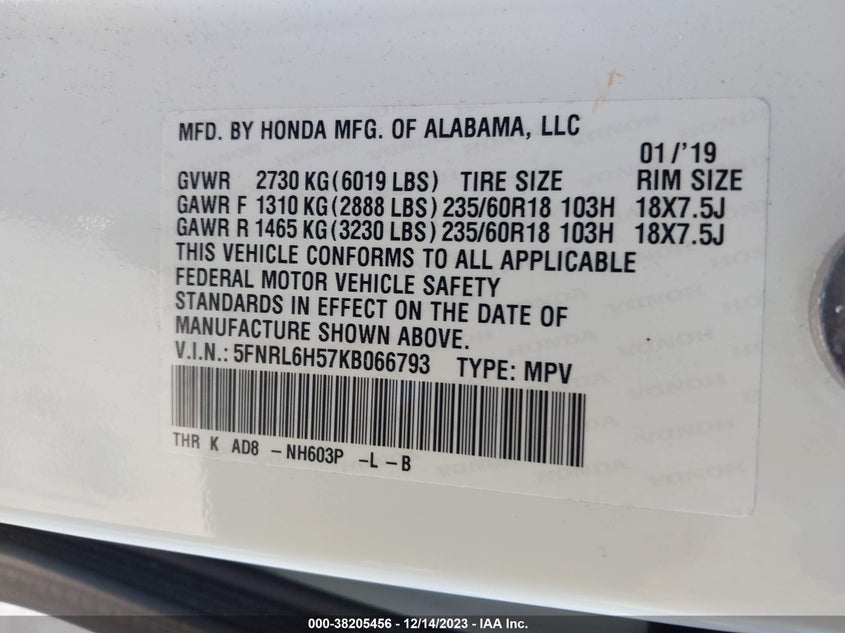 VIN 5FNRL6H57KB066793 2019 HONDA ODYSSEY EX